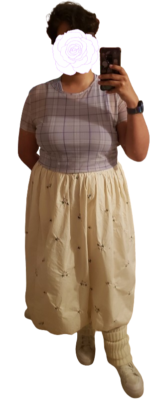 purple shirt with a puffy skirt