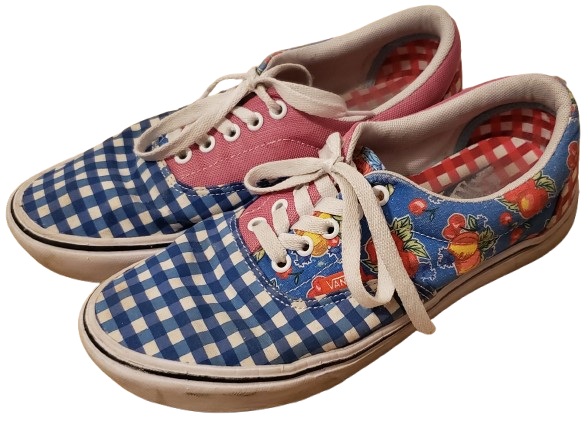 light blue, pink, and white vans