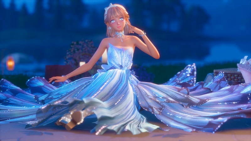 posing with a blue elegant dress