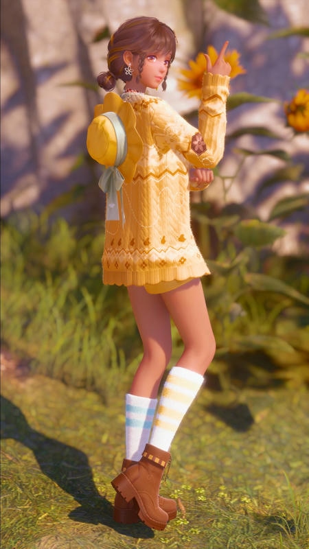 yellow knitted weater with long white socks and brown boots