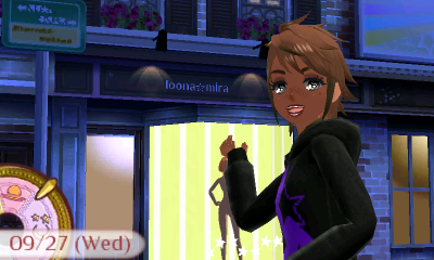 my character pointing at her store